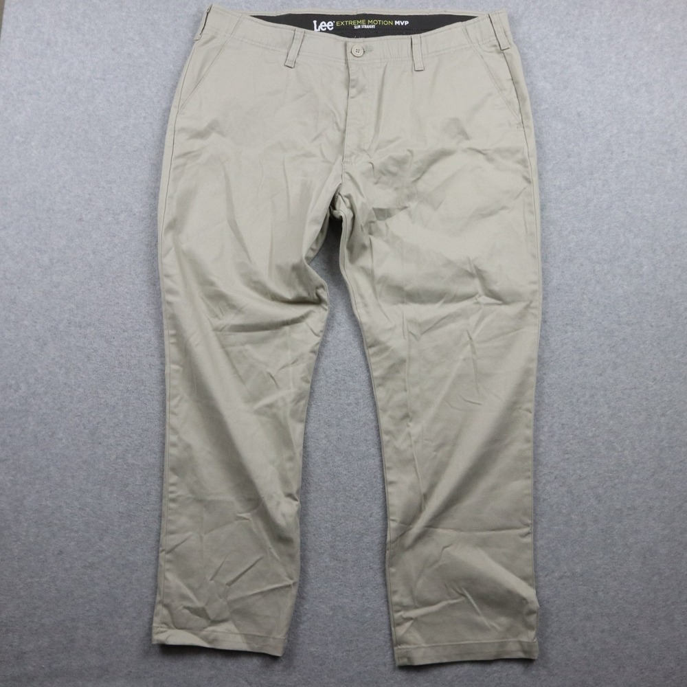 Lee Pants Mens 40x29 Extreme Motion MVP Slim Straight Khaki Flat Front Beige
